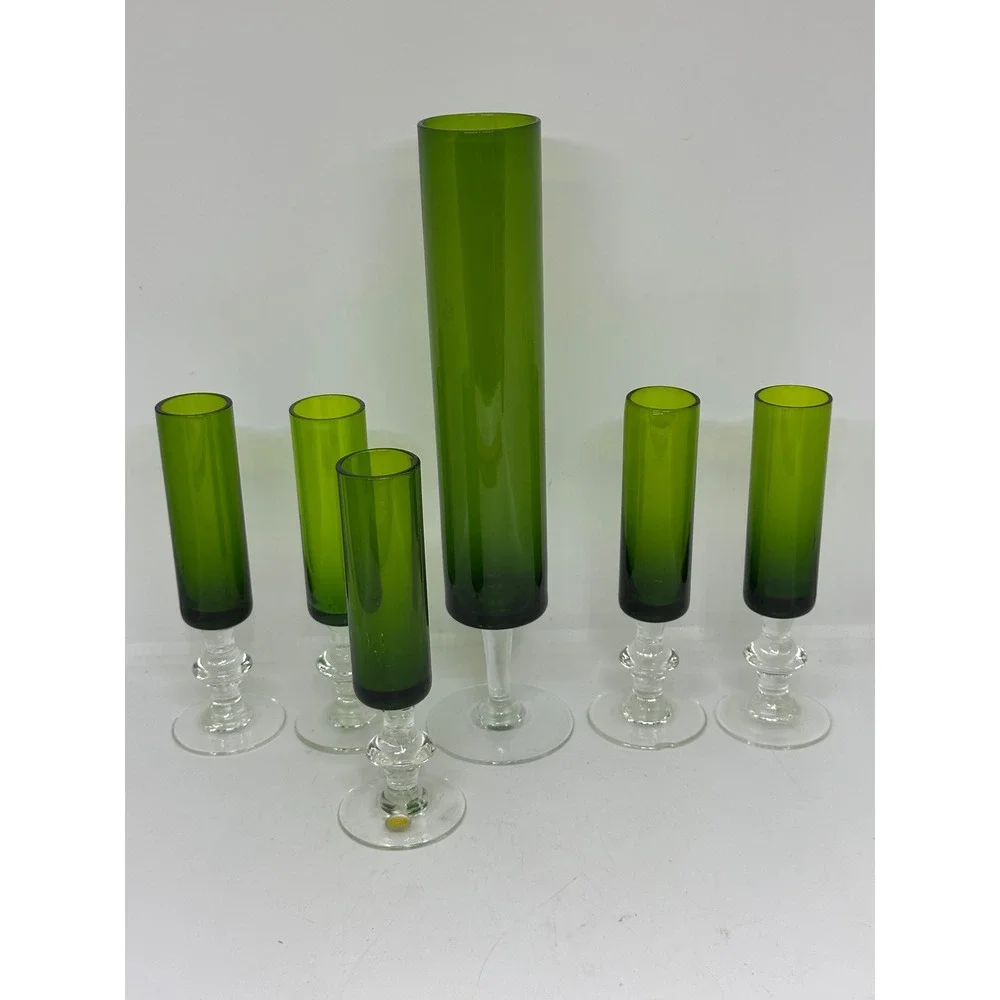 VTG Japan Glass Cordial Set Green Mid Century Modern Cylinder Stemware 6pc Set